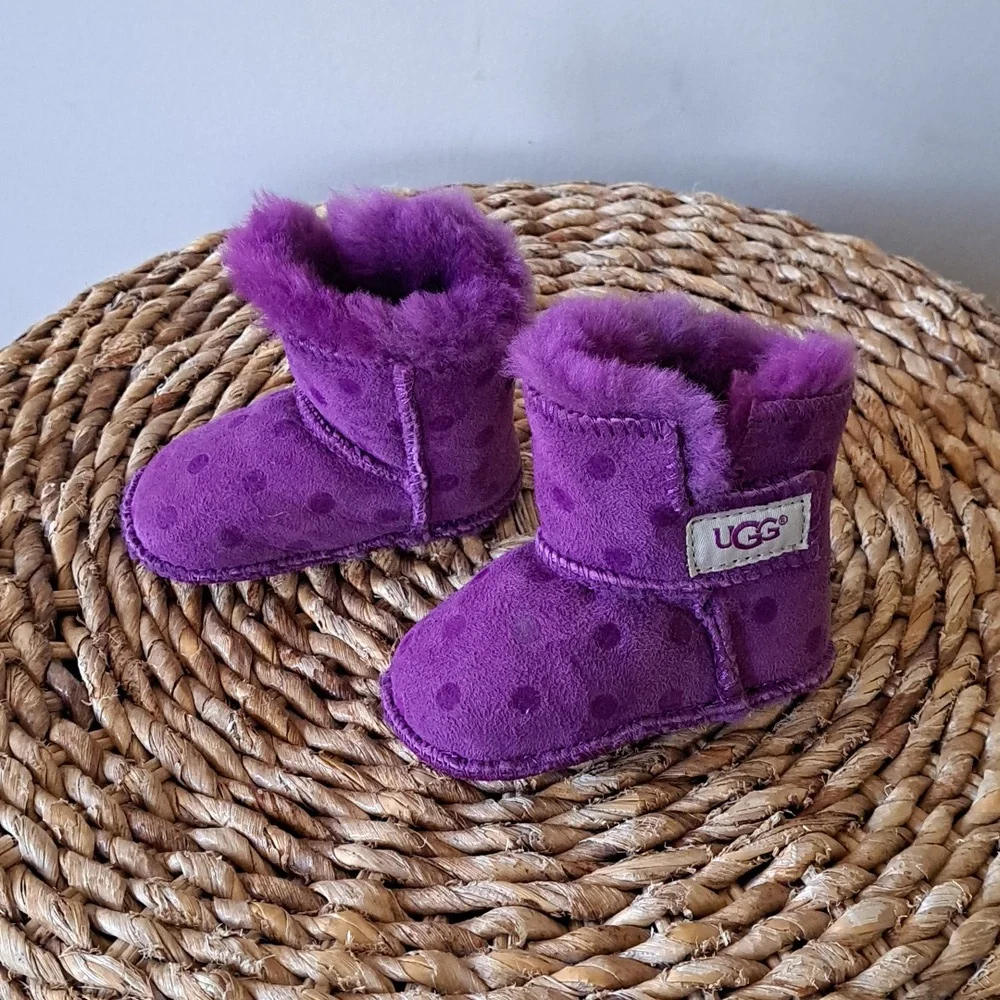 UGG Infant‎ Girls Erin Purple Suede Leather Polka Dot Print Pull-On Booties XS